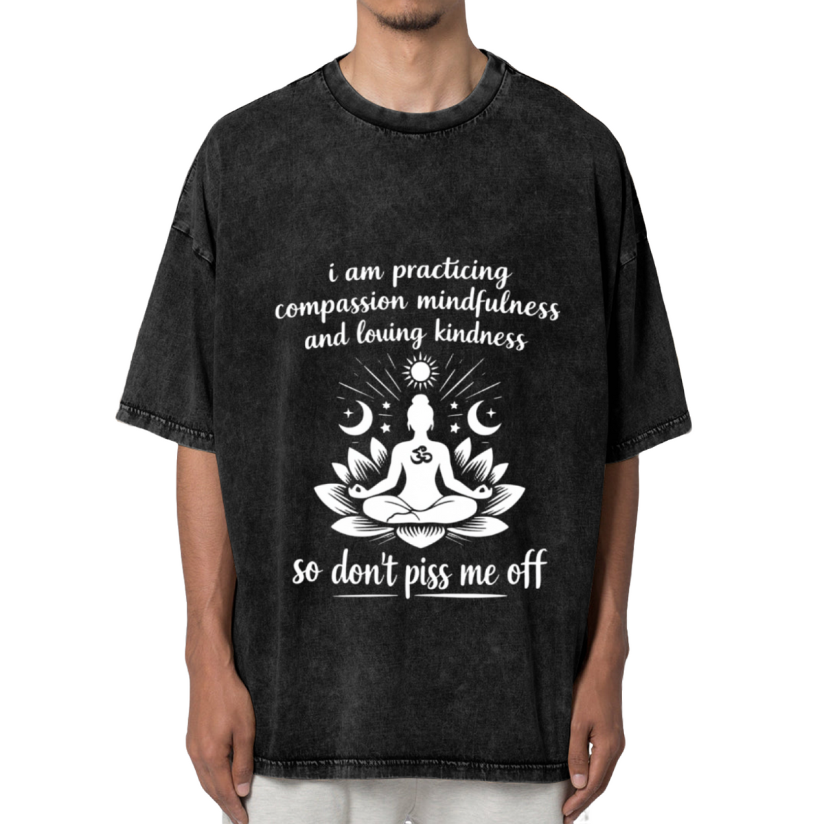 Unisex washed graphic T-shirt with I Am Practicing Compassion Mindfulness Yoga themed design, product image