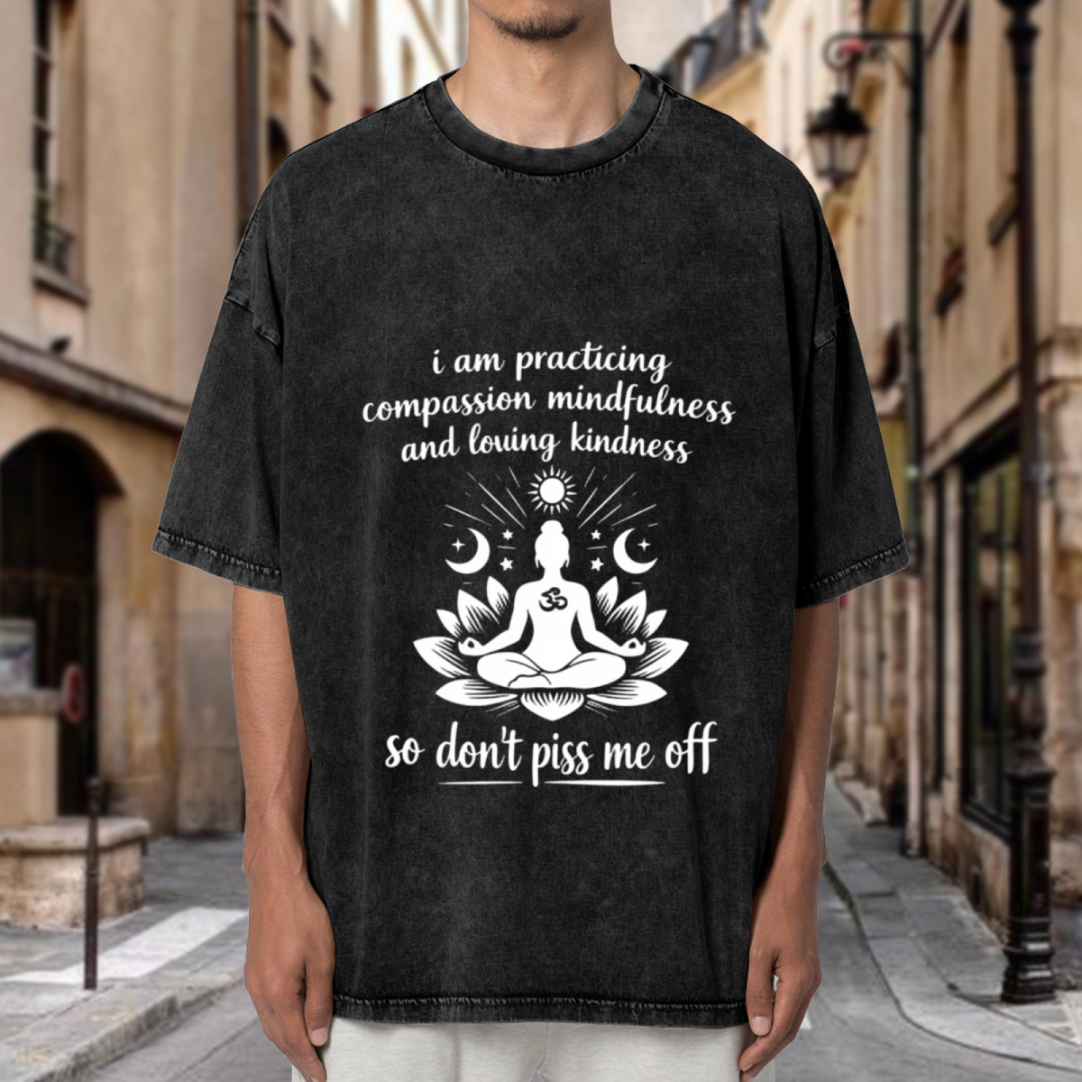 Unisex washed graphic T-shirt with I Am Practicing Compassion Mindfulness Yoga themed design, product image