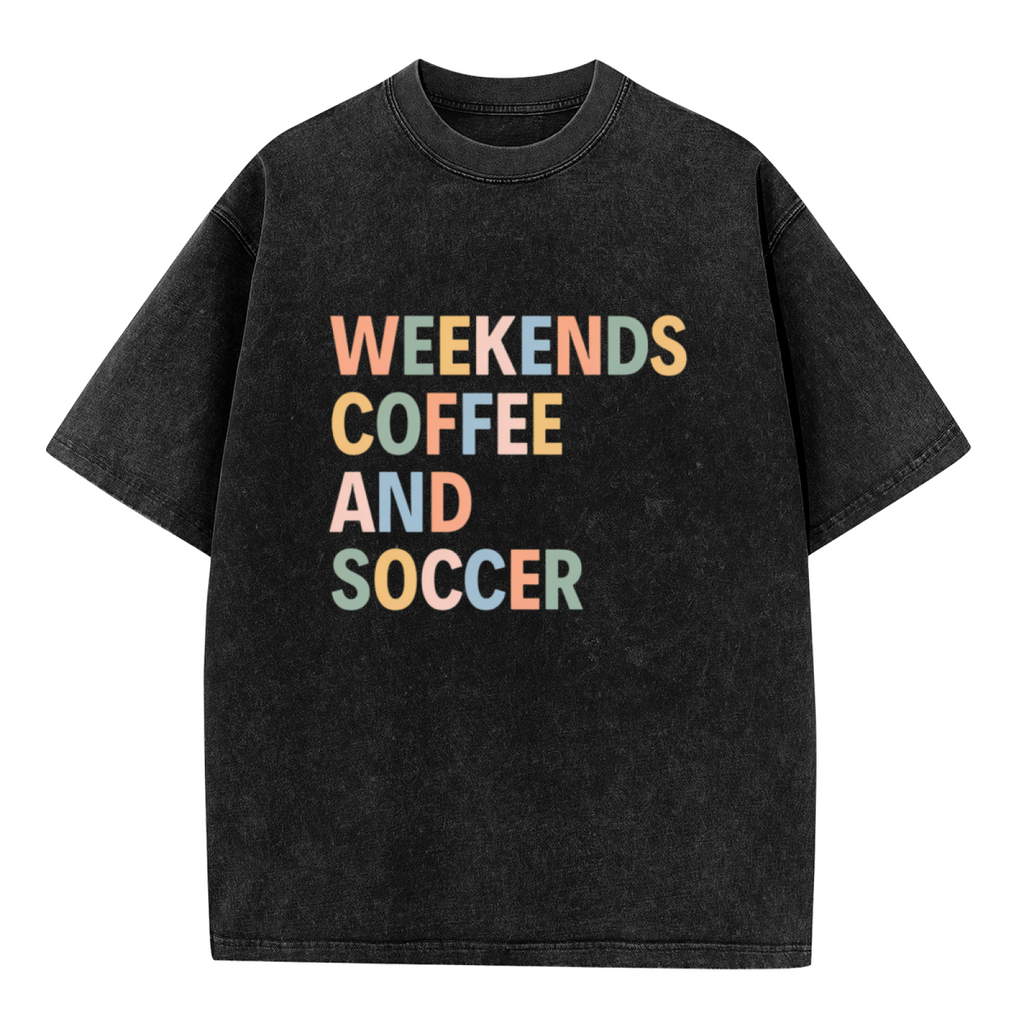Unisex washed graphic T-shirt with Weekends Coffee And Soccer themed design, product image
