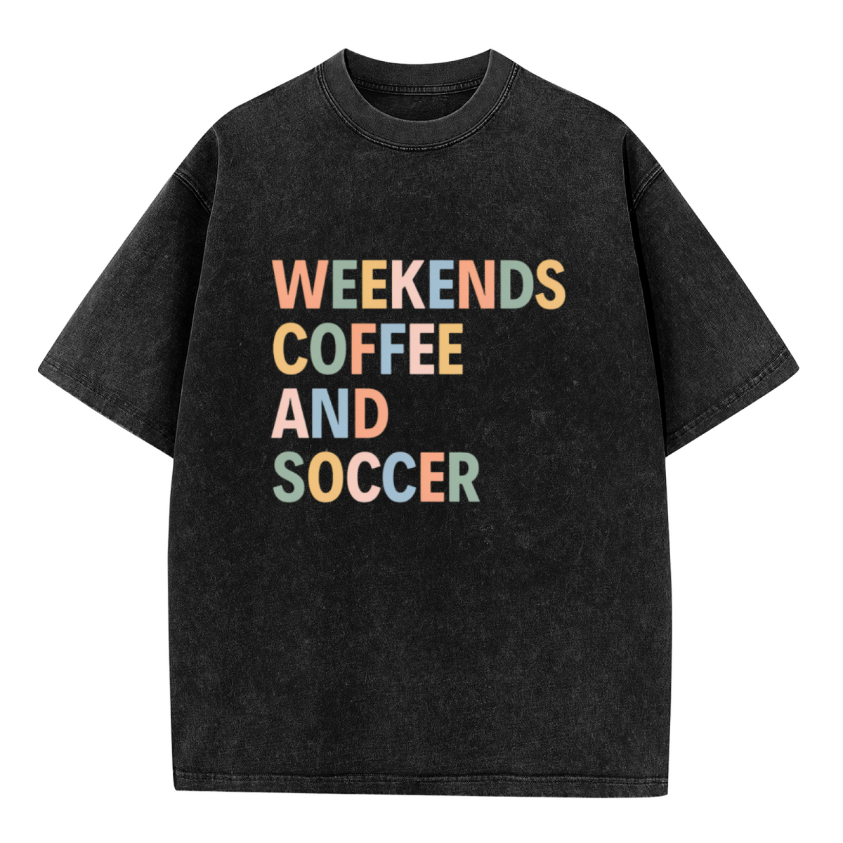 Unisex washed graphic T-shirt with Weekends Coffee And Soccer themed design, product image