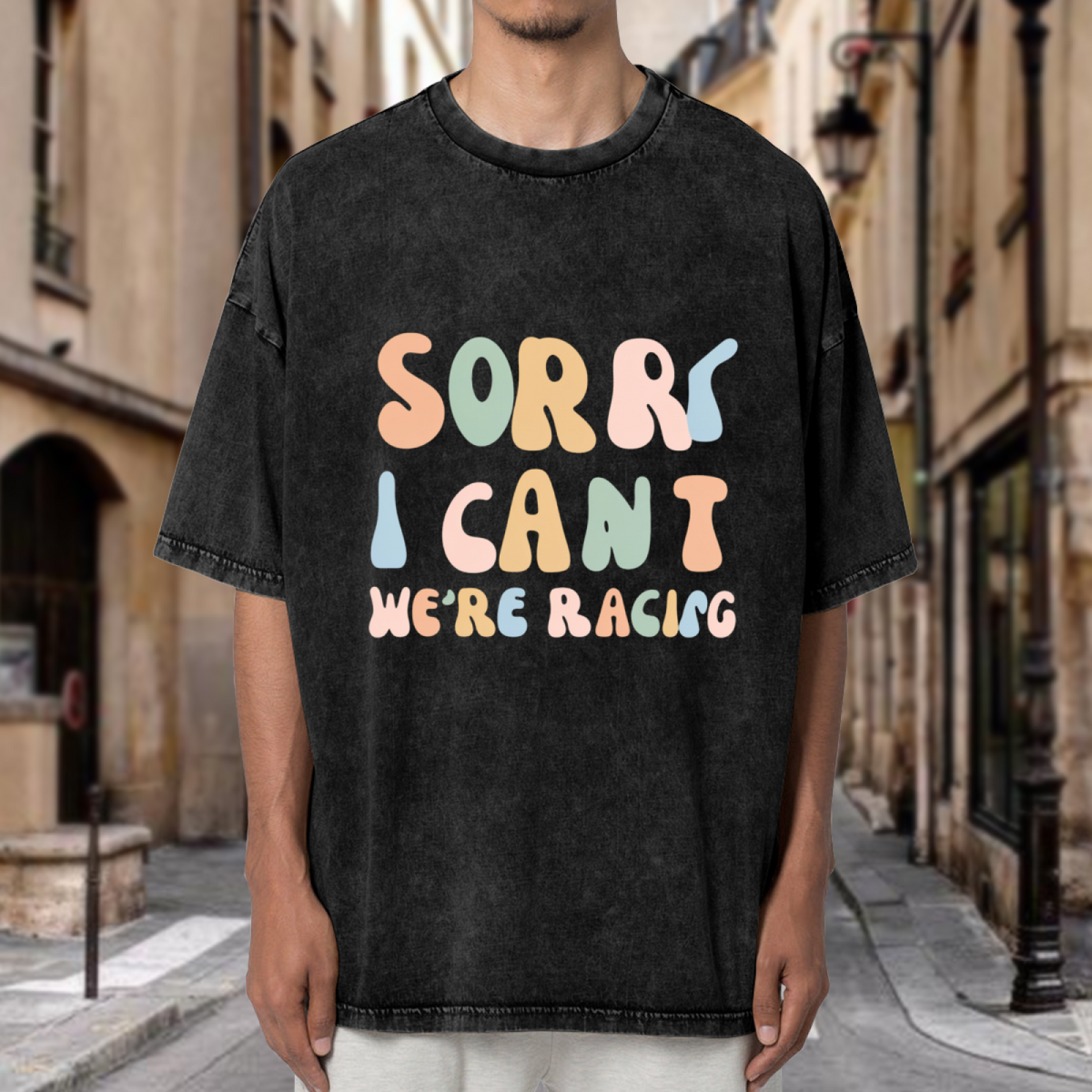 Unisex washed graphic T-shirt with Sorry I Can't We're Racing Funny Racing themed design, product image