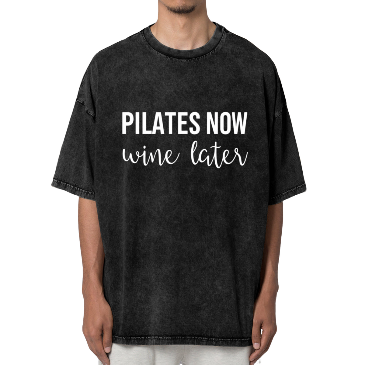 Unisex washed graphic T-shirt with Pilates Now Wine Later themed design, product image