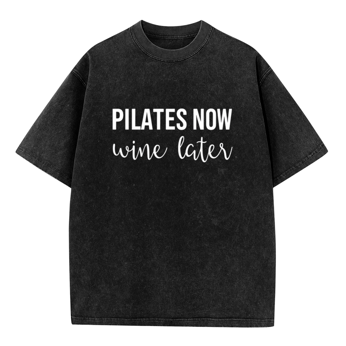 Unisex washed graphic T-shirt with Pilates Now Wine Later themed design, product image