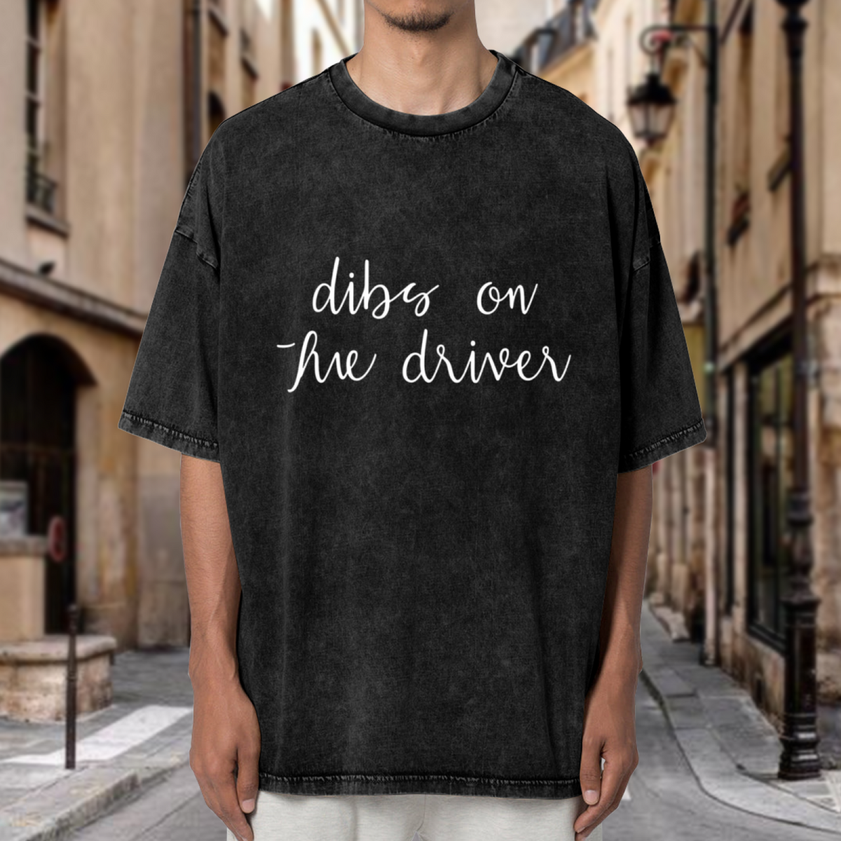Unisex washed graphic T-shirt with Dibs On The Driver themed design, product image