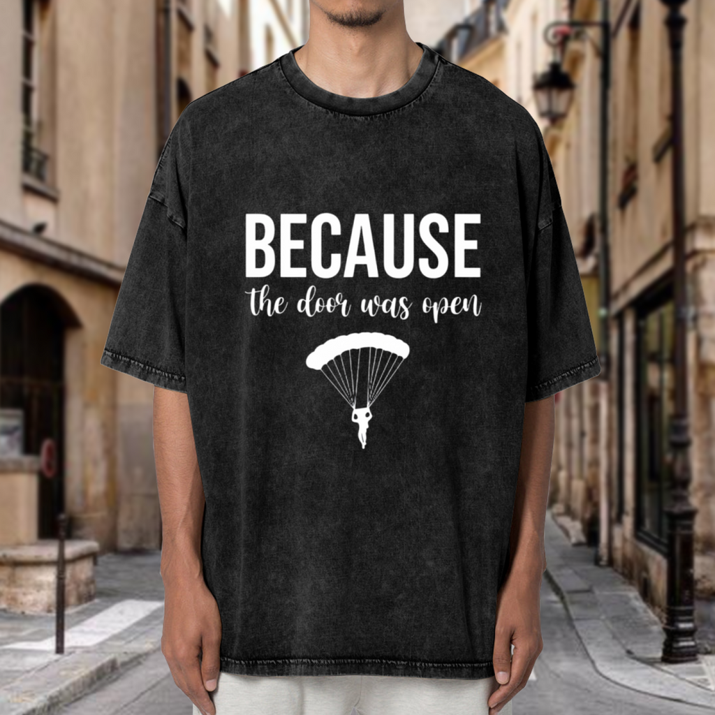 Unisex washed graphic T-shirt with Because The Door Was Open themed design, product image
