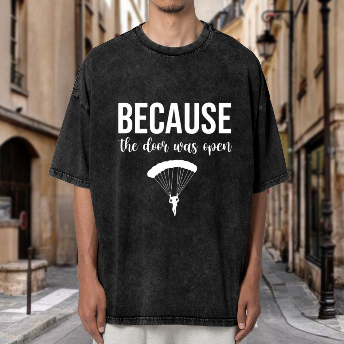 Unisex washed graphic T-shirt with Because The Door Was Open themed design, product image