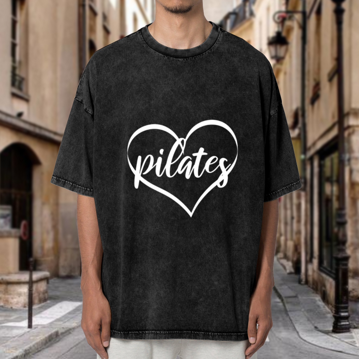 Unisex washed graphic T-shirt with Pilates themed design, product image