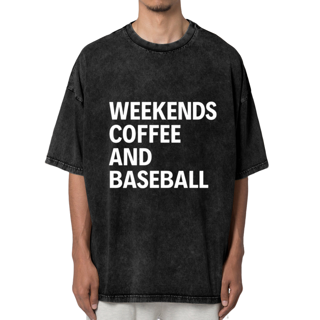 Unisex washed graphic T-shirt with Weekends Coffee And Baseball themed design, product image