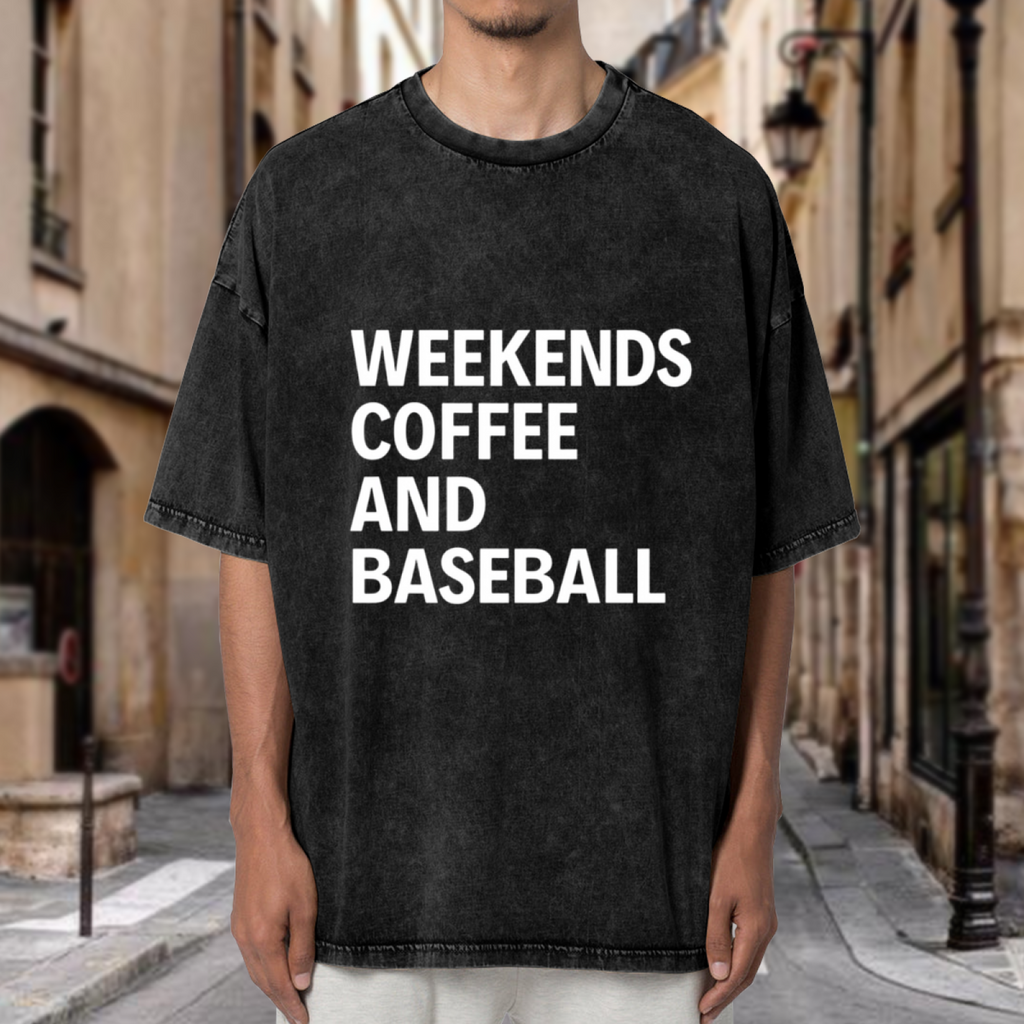 Unisex washed graphic T-shirt with Weekends Coffee And Baseball themed design, product image