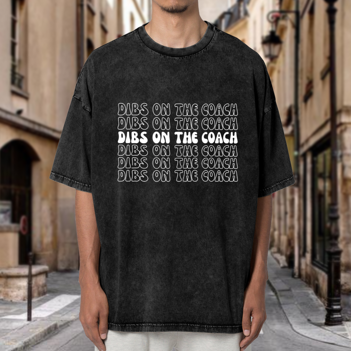 Unisex washed graphic T-shirt with Dibs On The Coach themed design, product image