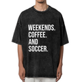 Unisex washed graphic T-shirt with Weekends Coffee And Soccer themed design, product image