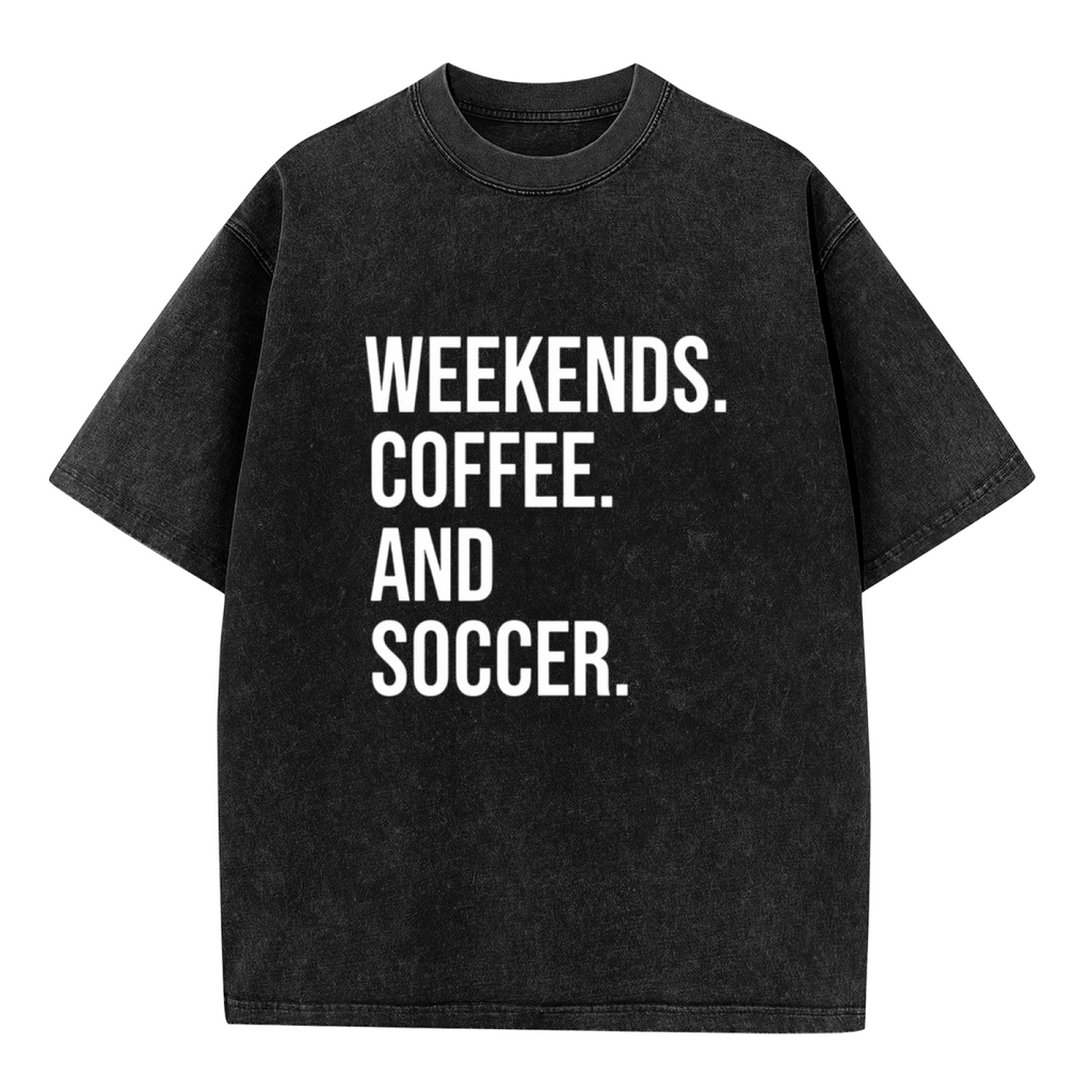 Unisex washed graphic T-shirt with Weekends Coffee And Soccer themed design, product image