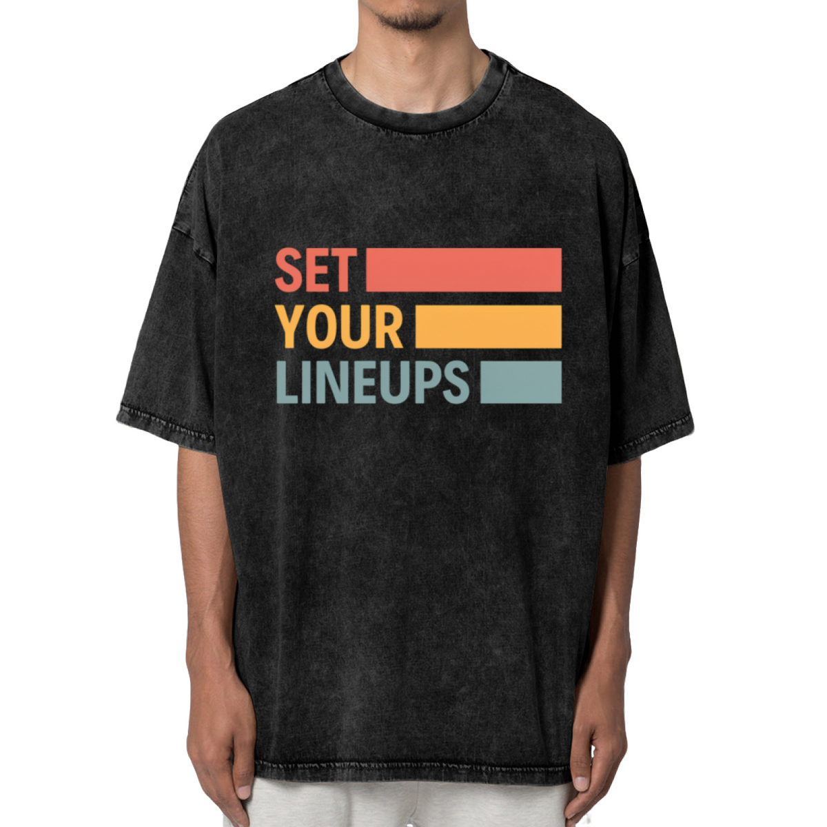Unisex washed graphic T-shirt with Set Your Lineups themed design, product image