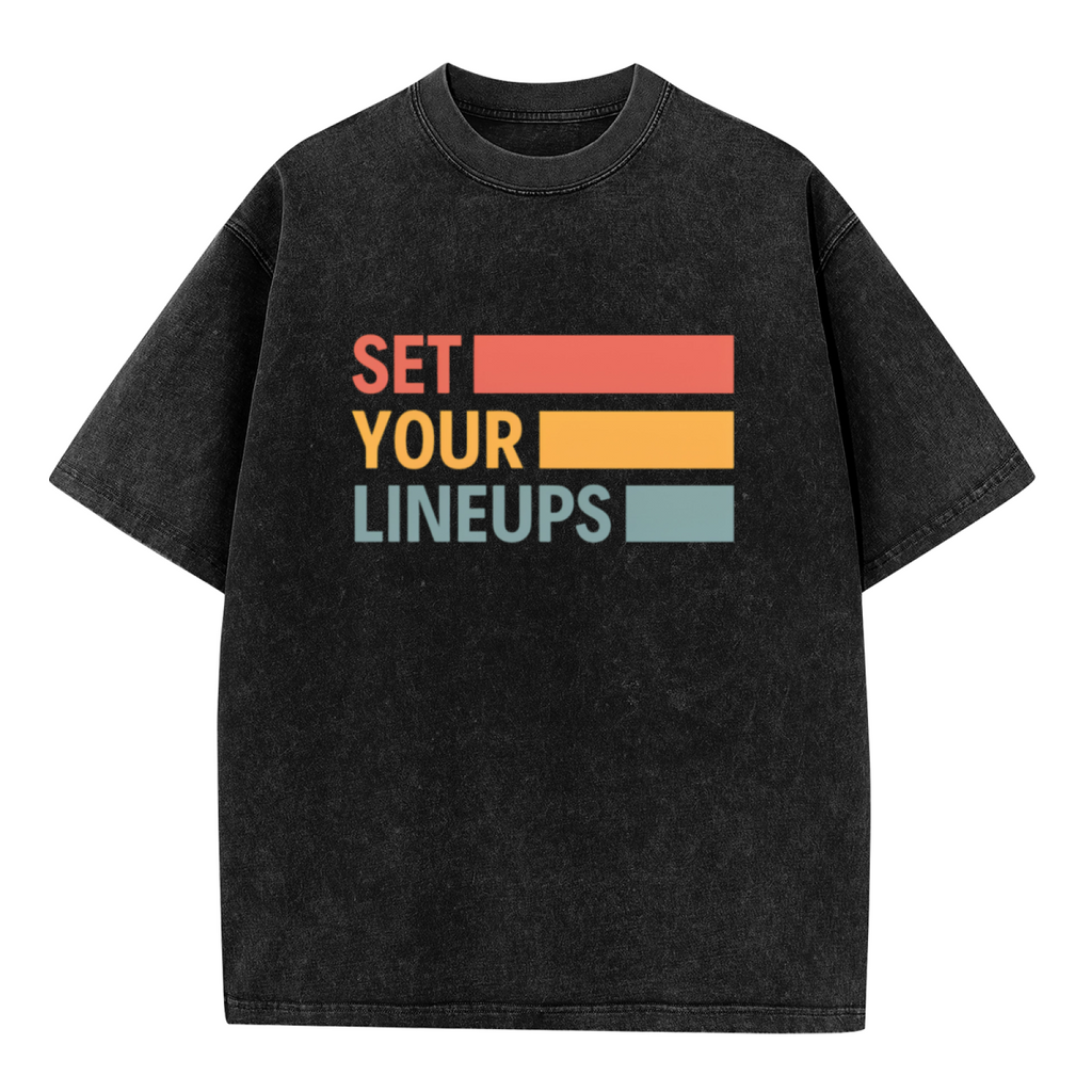 Unisex washed graphic T-shirt with Set Your Lineups themed design, product image