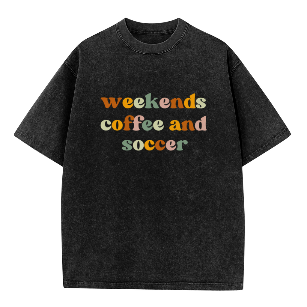 Unisex washed graphic T-shirt with Weekends Coffee And Soccer themed design, product image