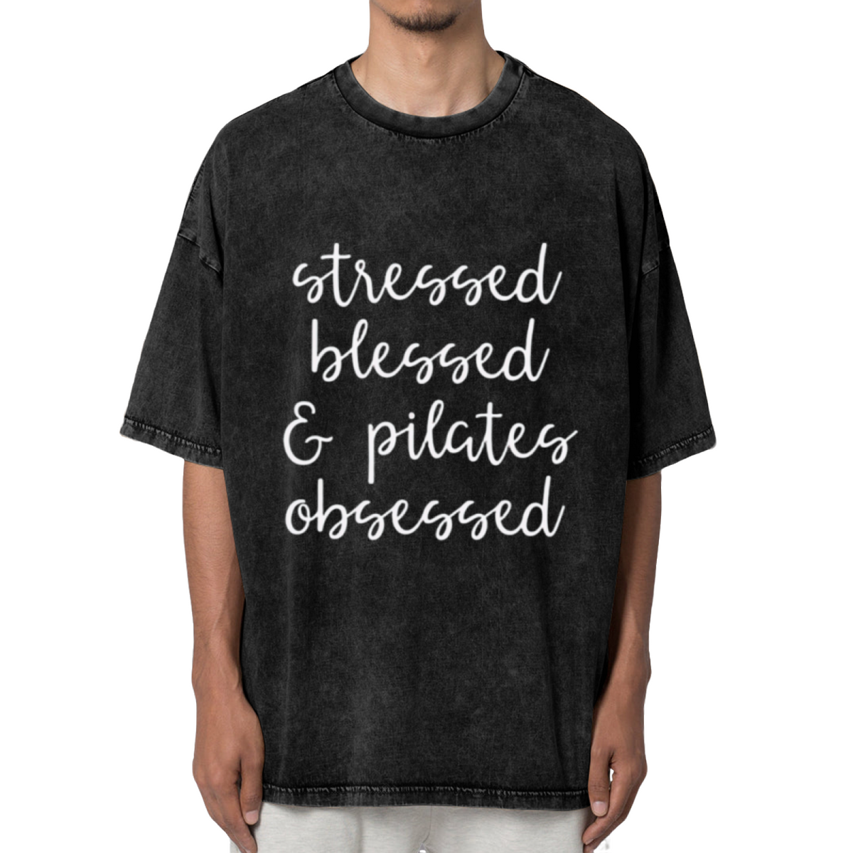 Unisex washed graphic T-shirt with Stressed Blessed And Pilates Obsessed themed design, product image