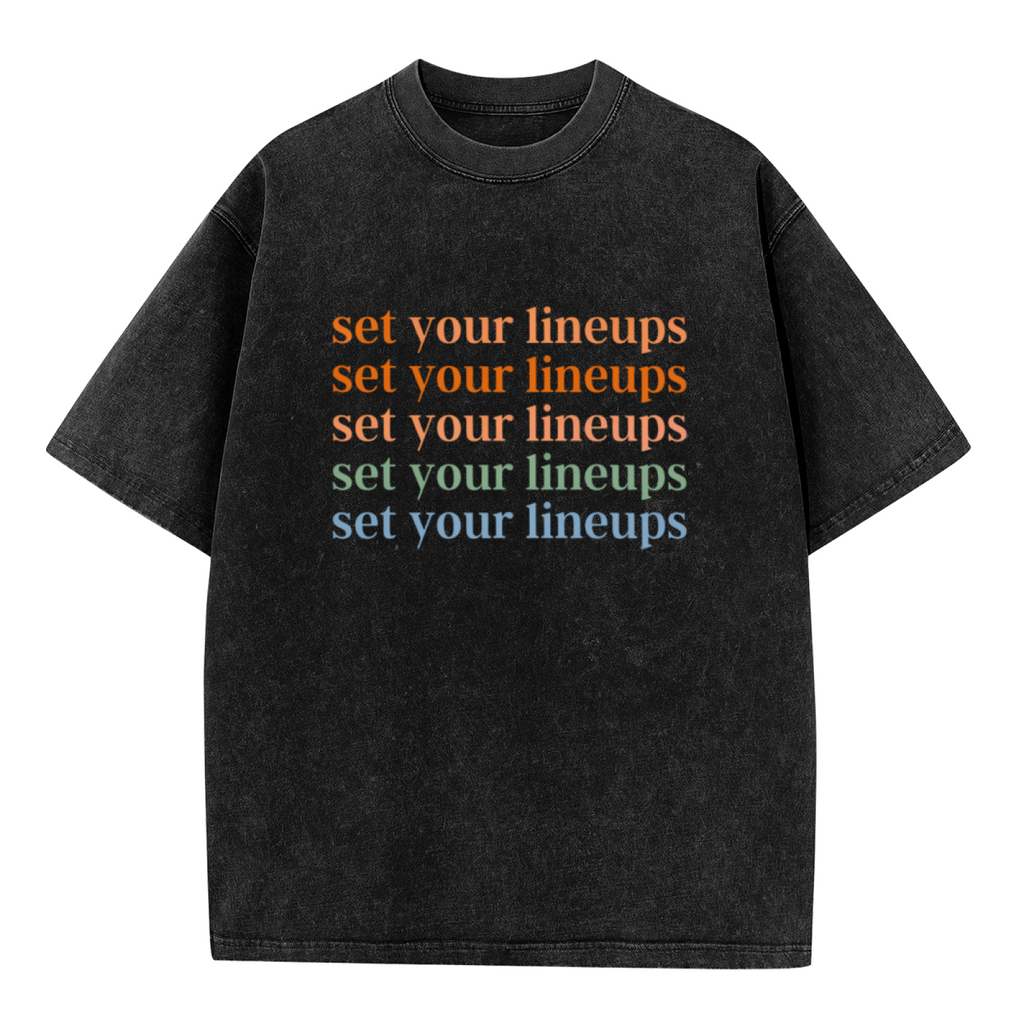 Unisex washed graphic T-shirt with Set Your Lineups themed design, product image