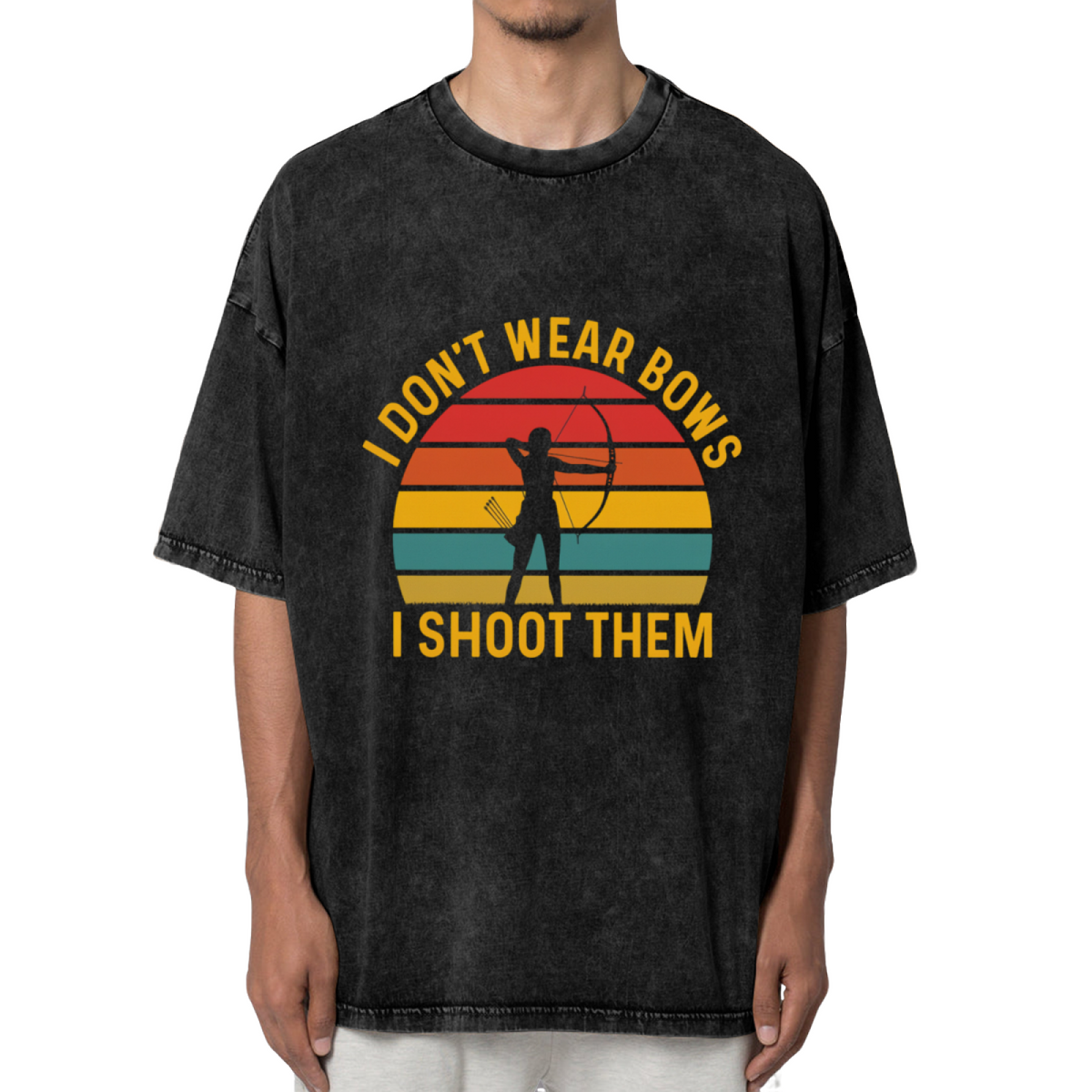 Product image of washed graphic T-shirt featuring 'I Don't Wear Bows I Shoot Them Archery' statement design