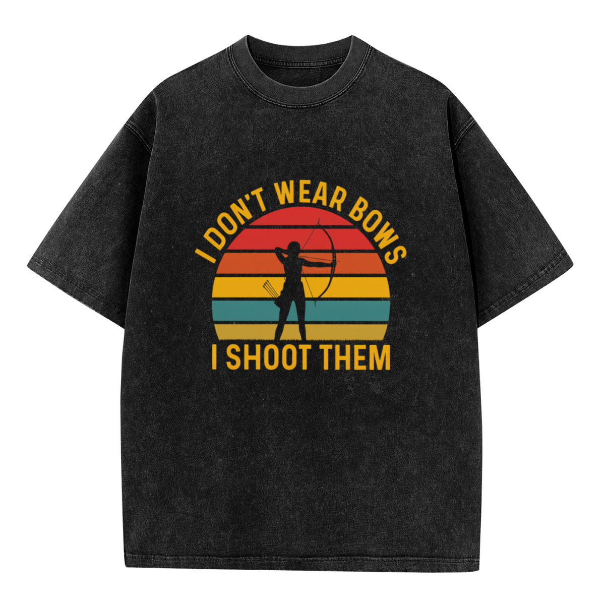 Product image of washed graphic T-shirt featuring 'I Don't Wear Bows I Shoot Them Archery' statement design