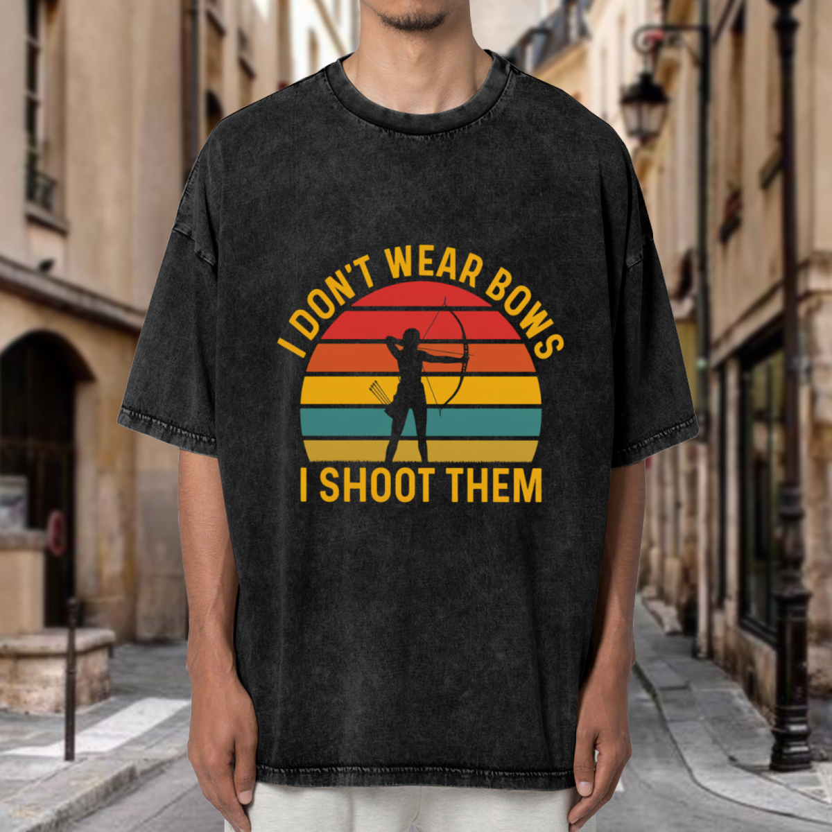Product image of washed graphic T-shirt featuring 'I Don't Wear Bows I Shoot Them Archery' statement design