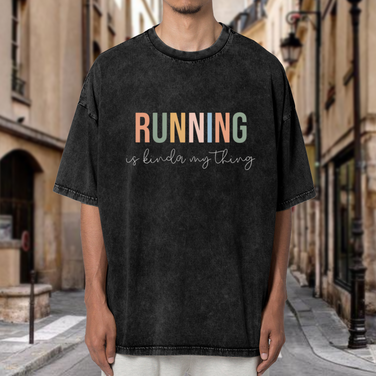 Unisex washed graphic T-shirt with Running Is Kinda My Thing themed design, product image
