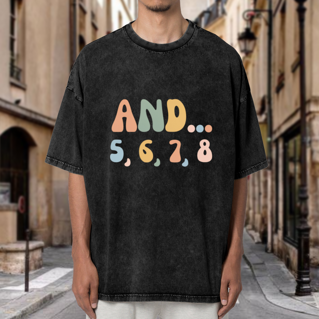 Unisex washed graphic T-shirt with And 5 6 7 8 themed design, product image