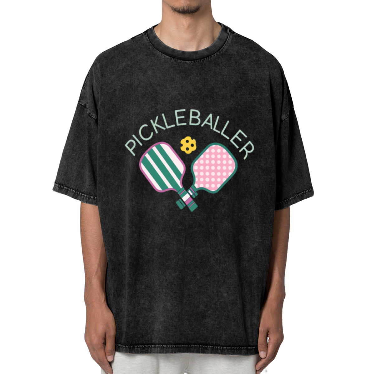 Unisex washed graphic T-shirt with Pickleballer themed design, product image