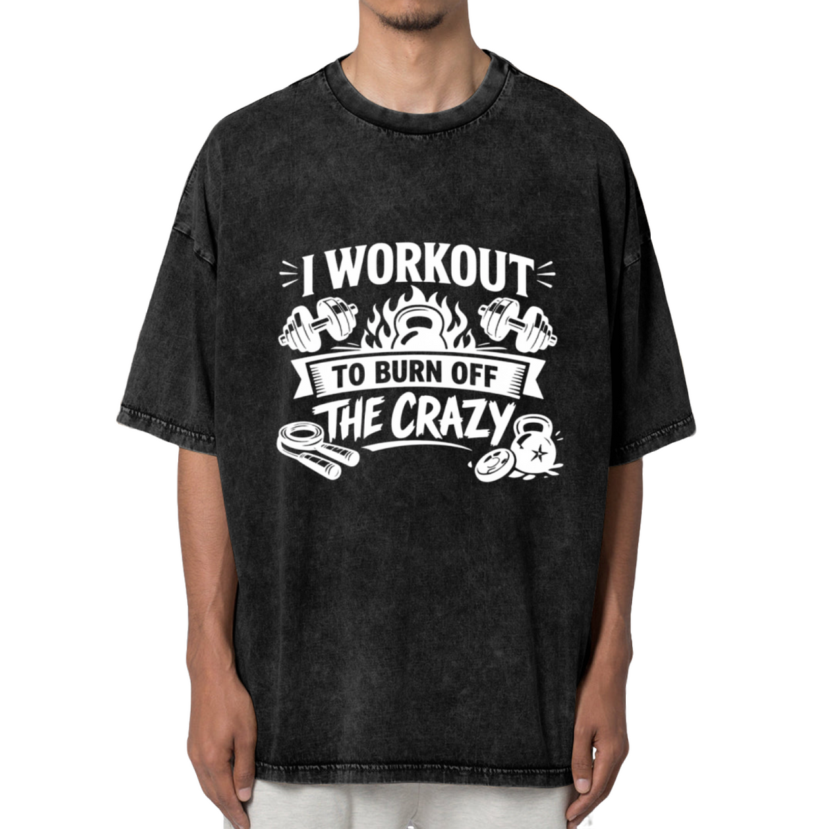 Unisex washed graphic T-shirt with I Workout To Burn Off The Crazy themed design, product image