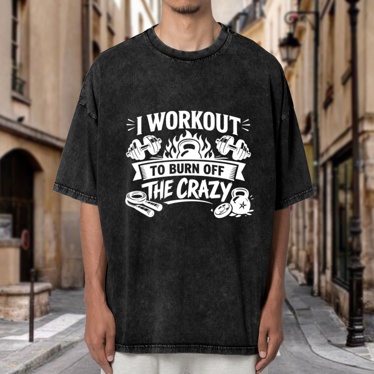 Unisex washed graphic T-shirt with I Workout To Burn Off The Crazy themed design, product image