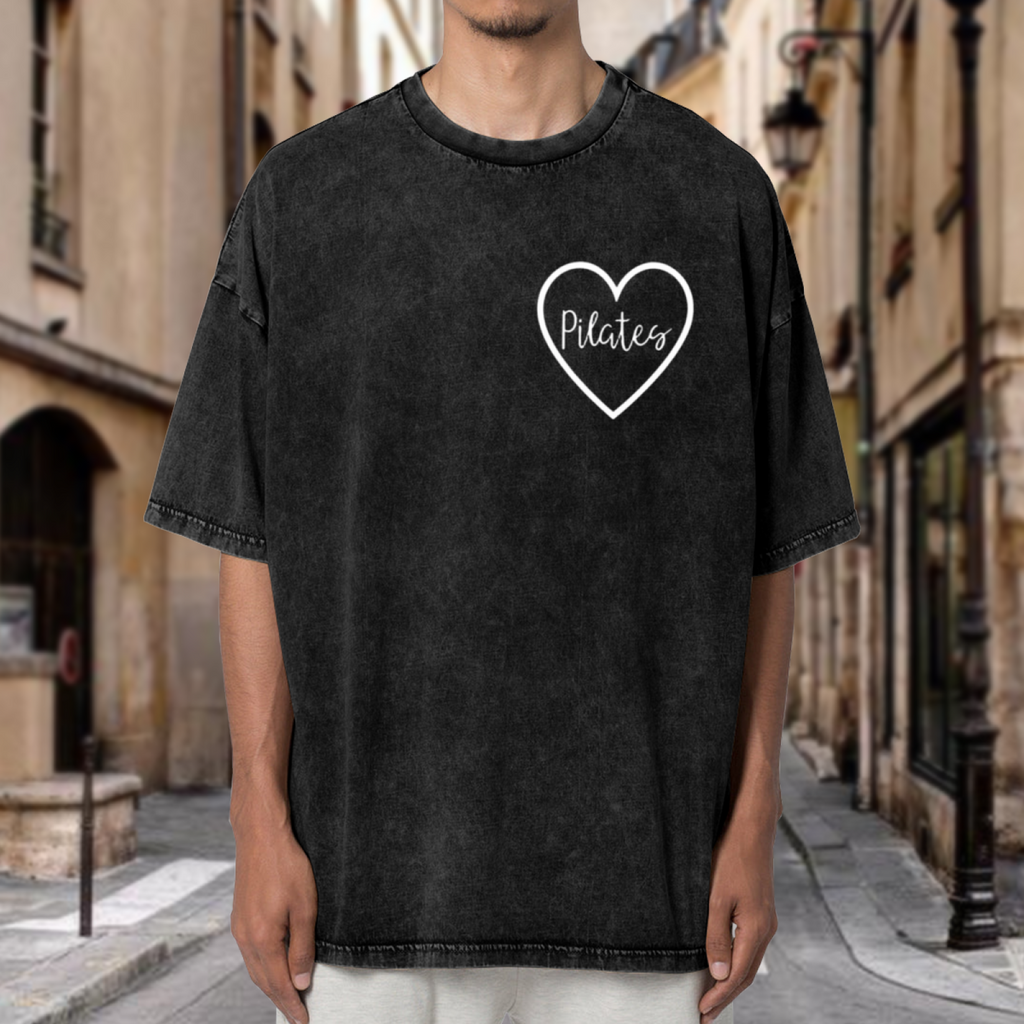 Unisex washed graphic T-shirt with Pilates themed design, product image