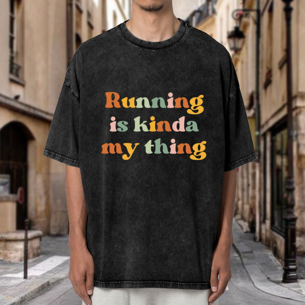 Unisex washed graphic T-shirt with Running Is Kinda My Thing themed design, product image