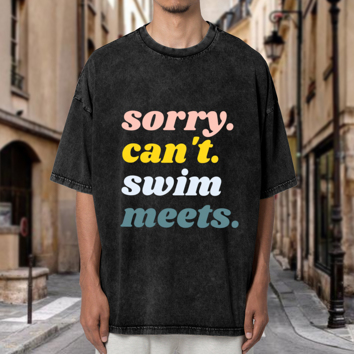 Unisex washed graphic T-shirt with Sorry Can't Swim Meets themed design, product image
