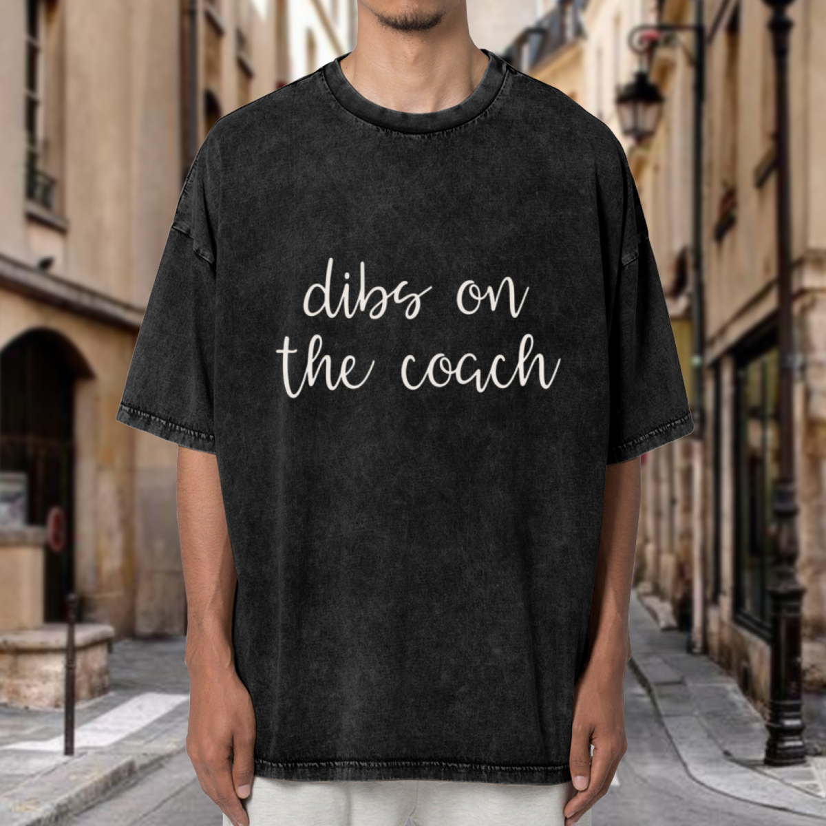 Unisex washed graphic T-shirt with Dibs On The Coach themed design, product image