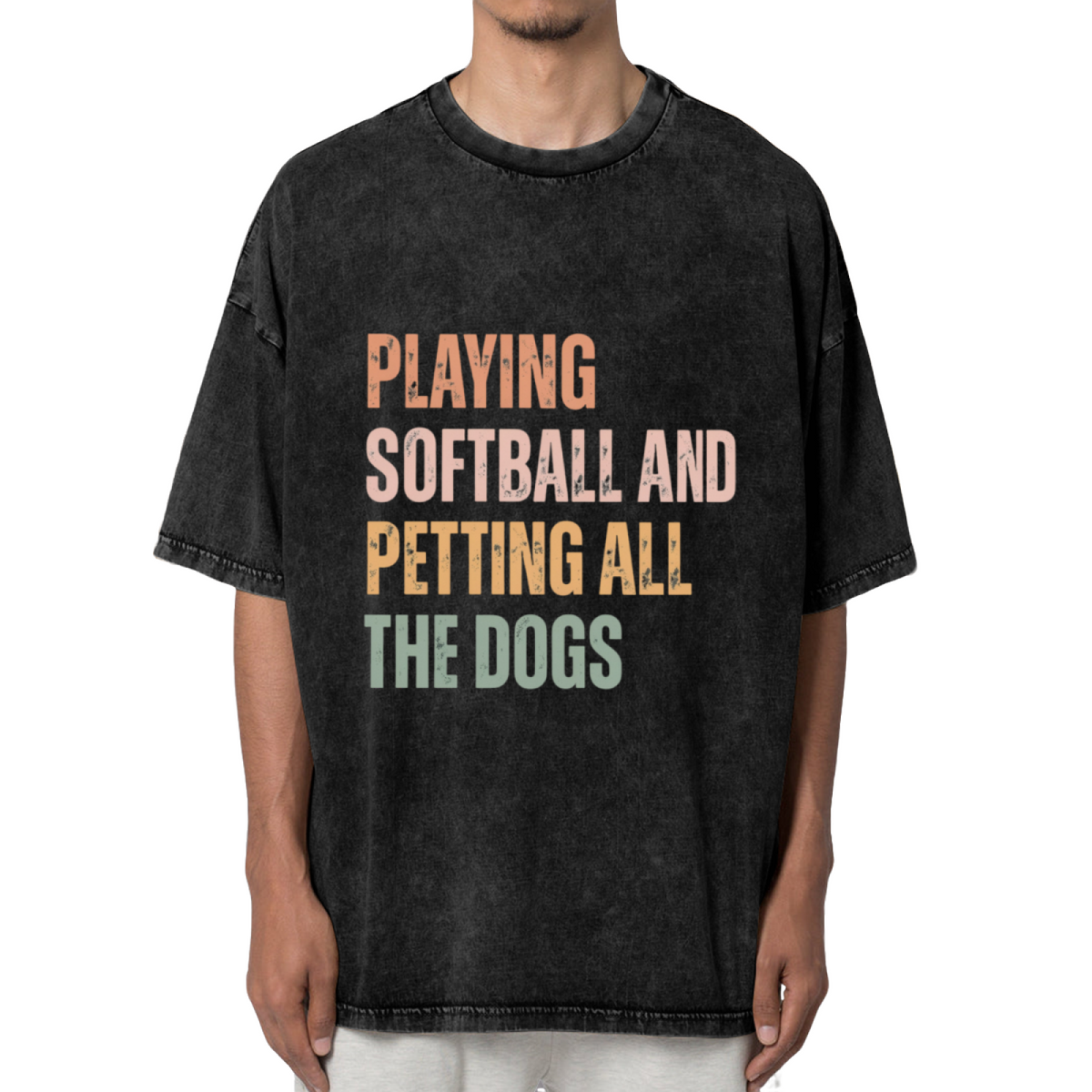 Unisex washed graphic T-shirt with Playing Softball And Petting All The Dogs themed design, product image