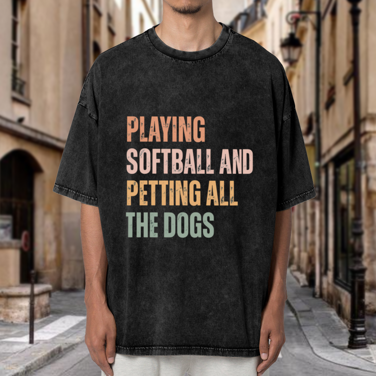 Unisex washed graphic T-shirt with Playing Softball And Petting All The Dogs themed design, product image