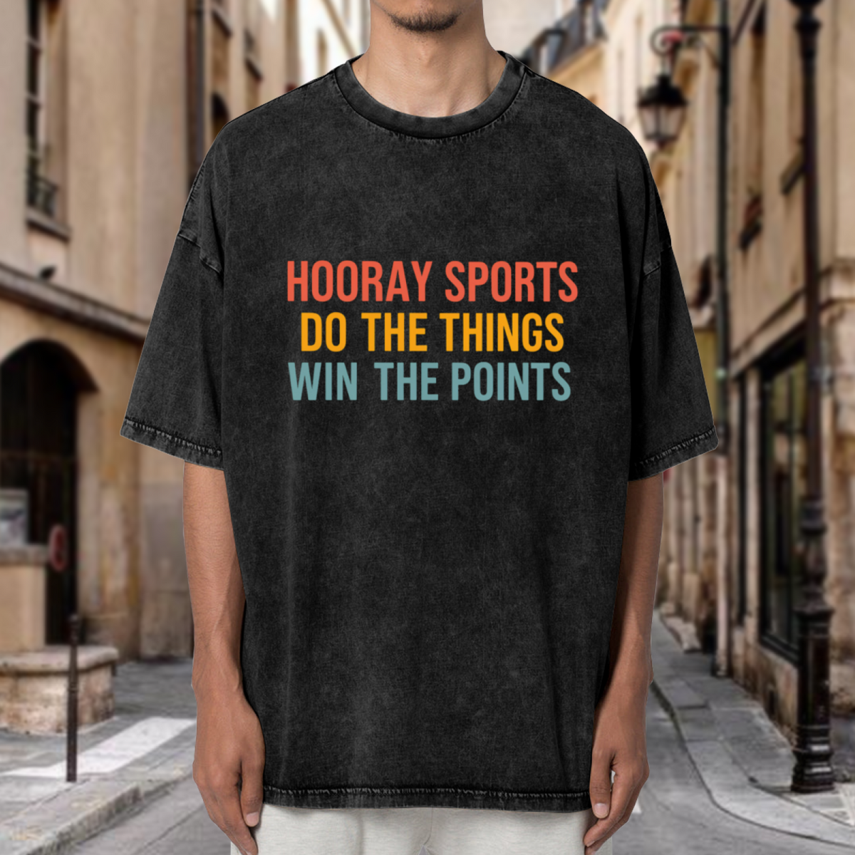 Unisex washed graphic T-shirt with Hooray Sports Win The Points themed design, product image