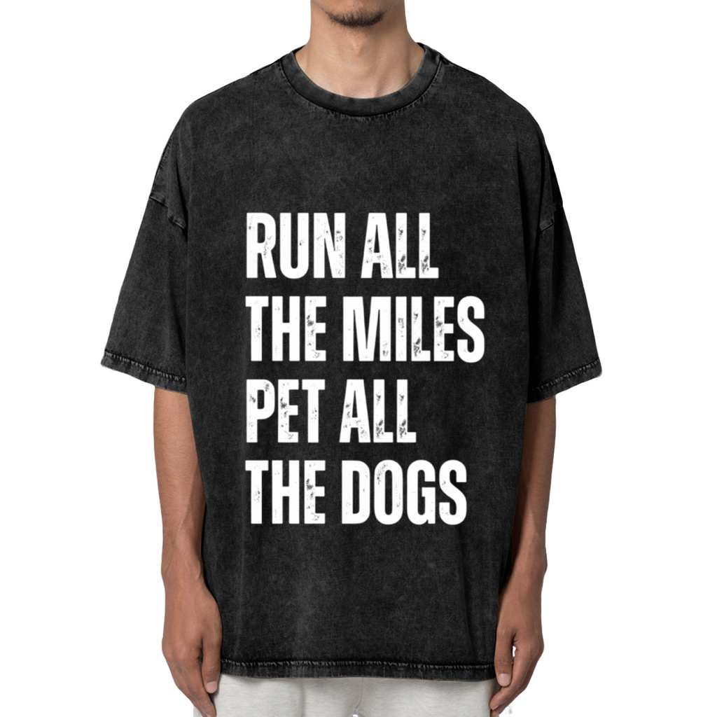 Unisex washed graphic T-shirt with Run All The Miles Pet All The Dogs themed design, product image