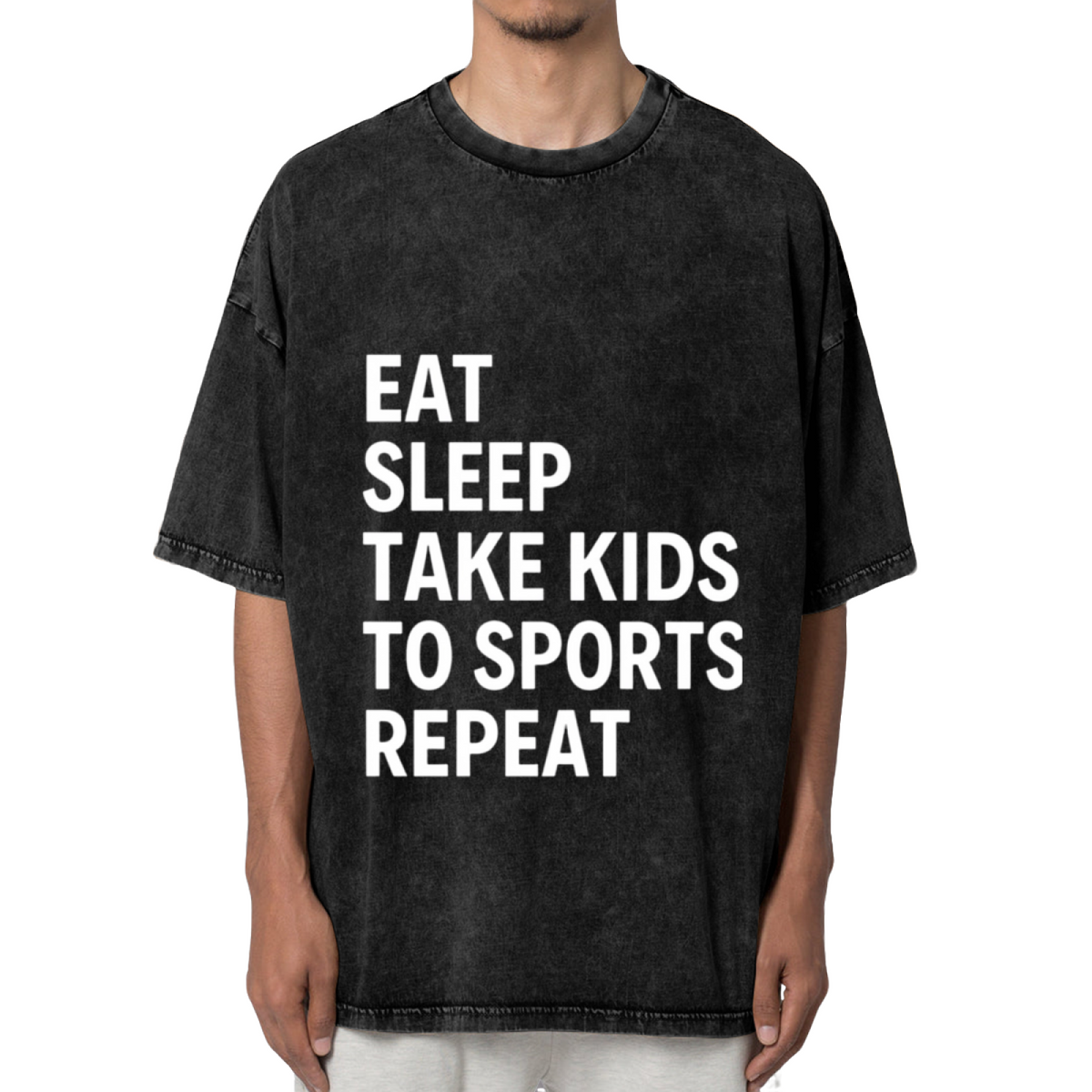 Unisex washed graphic T-shirt with Eat Sleep Take Kids To Sports Repeat themed design, product image