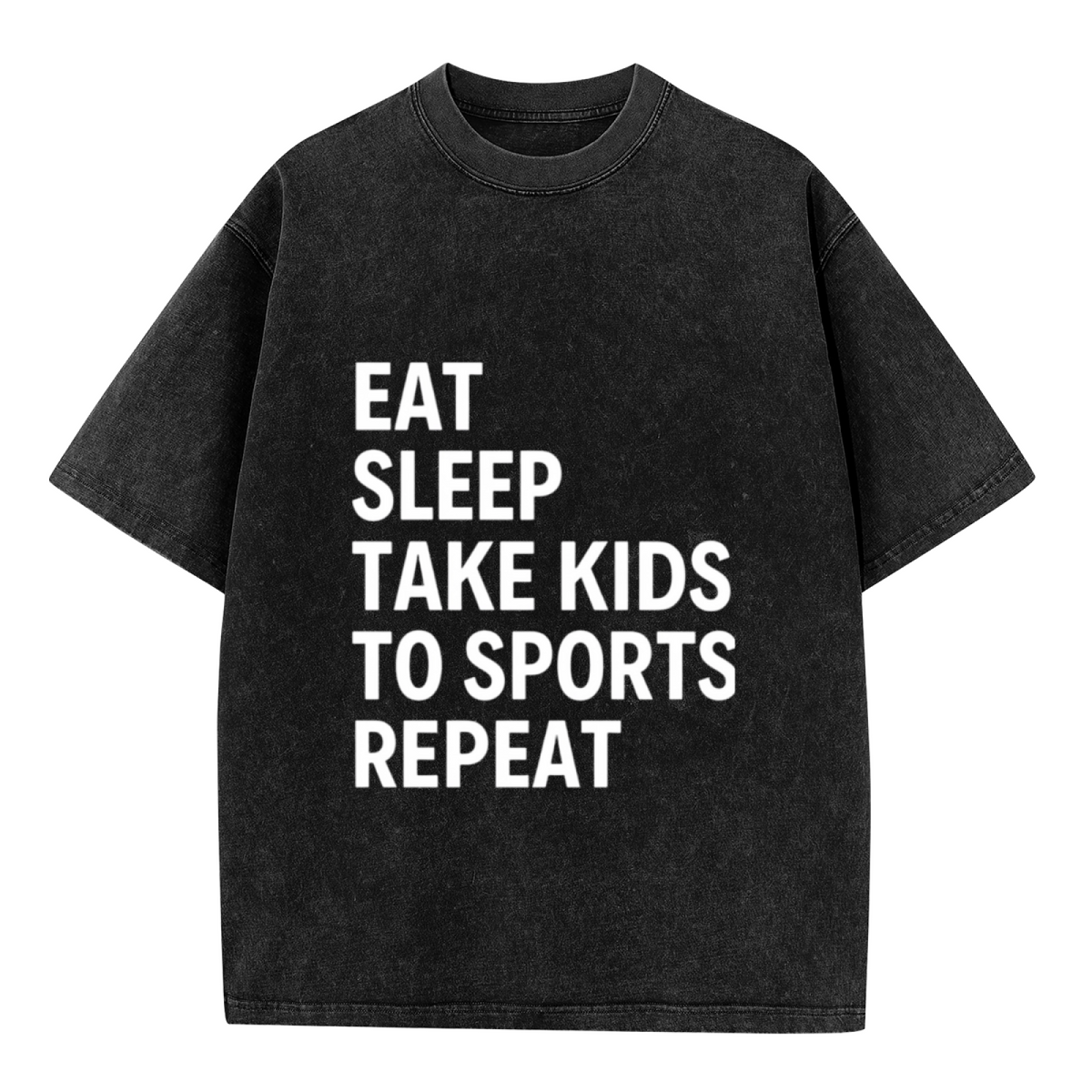 Unisex washed graphic T-shirt with Eat Sleep Take Kids To Sports Repeat themed design, product image