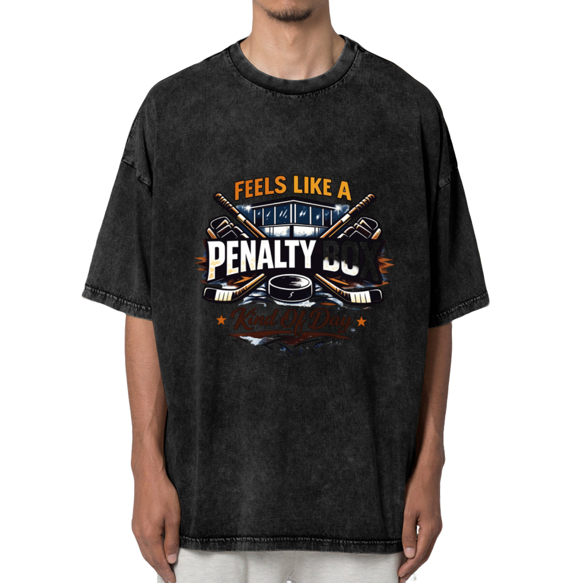 Unisex washed graphic T-shirt with Feels Like A Penalty Box Kind Of Day themed design, product image