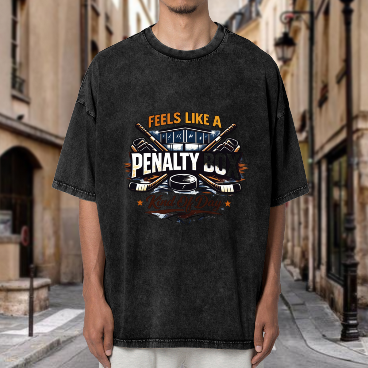 Unisex washed graphic T-shirt with Feels Like A Penalty Box Kind Of Day themed design, product image