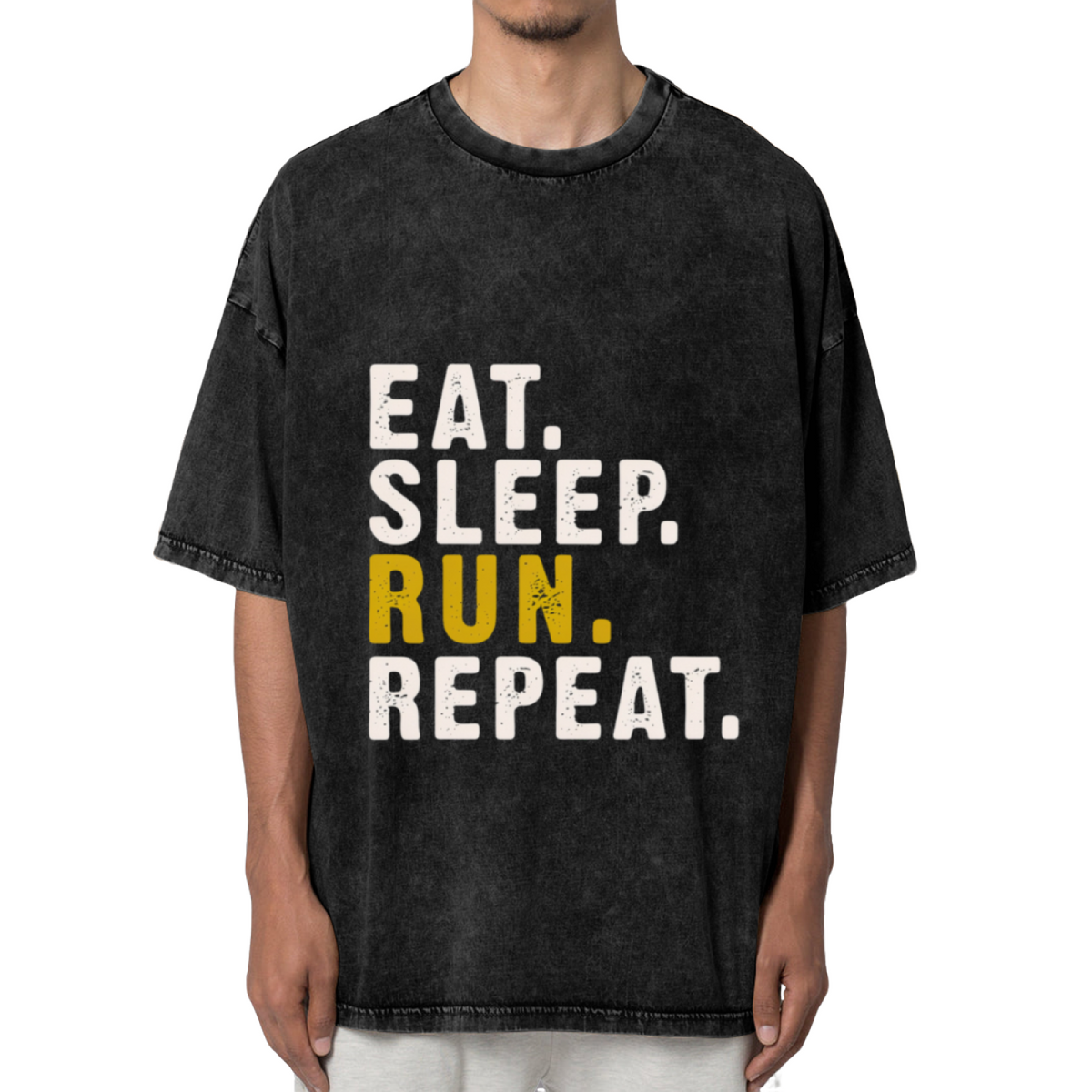 Unisex washed graphic T-shirt with Eat Sleep Run Repeat themed design, product image
