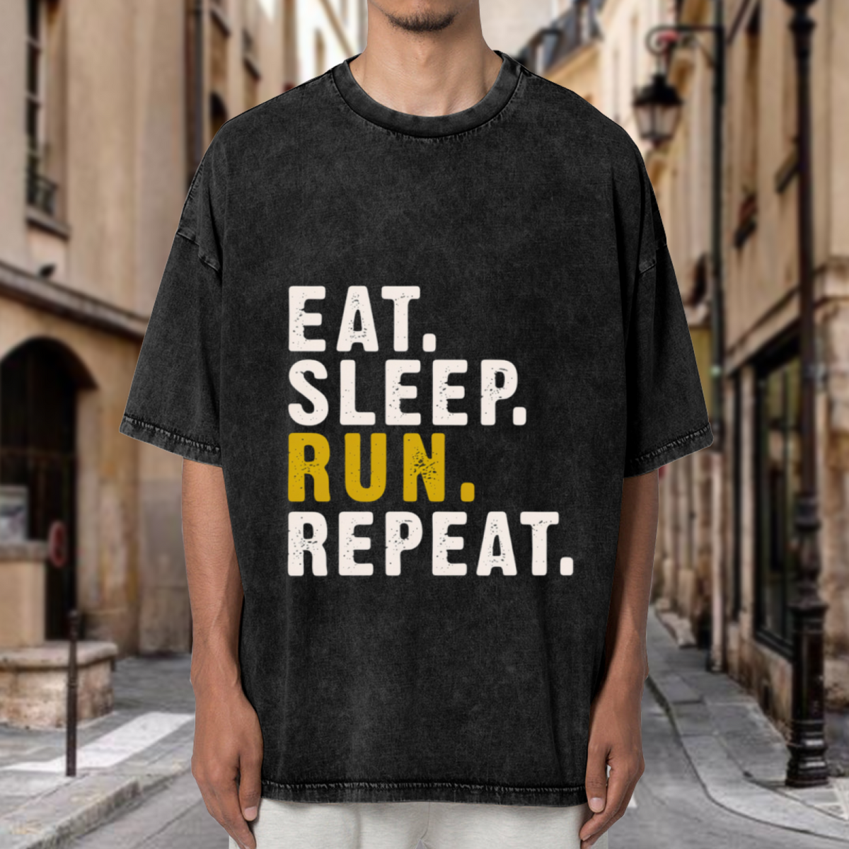 Unisex washed graphic T-shirt with Eat Sleep Run Repeat themed design, product image