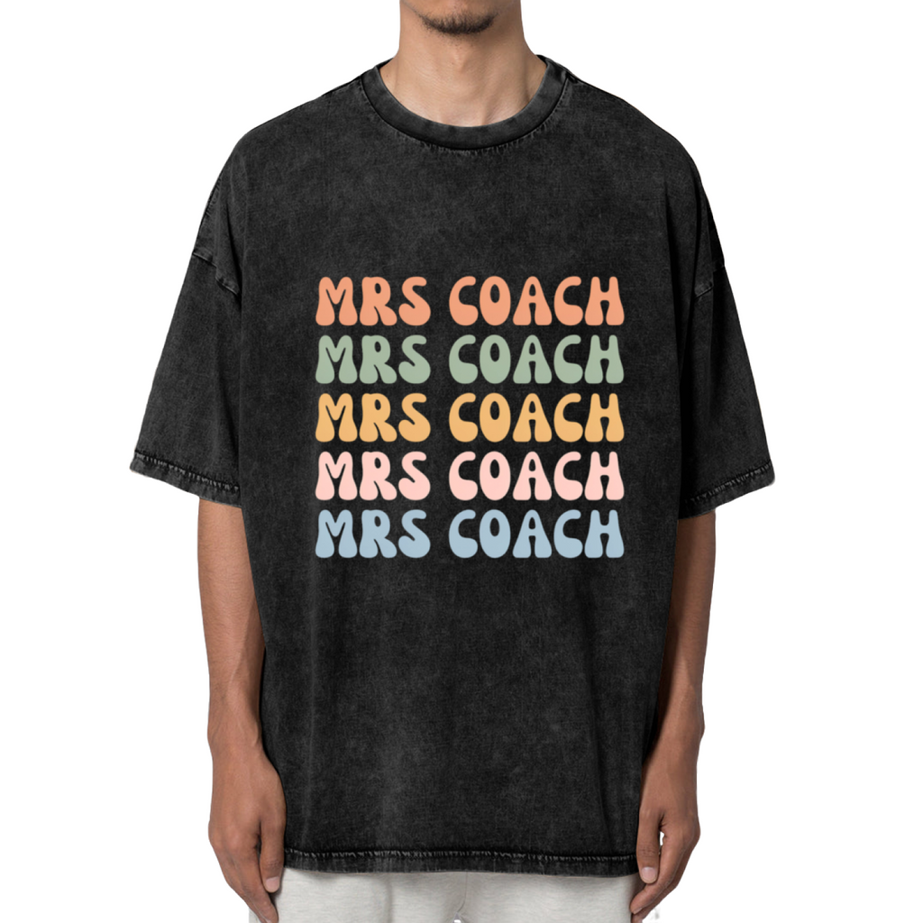 Unisex washed graphic T-shirt with Mrs Coach Shirt Wife Shirt Coach Wife Mom Shirt Coaches Wife Coach's Wife Baseball Soccer Football Basketball_1 themed design, product image