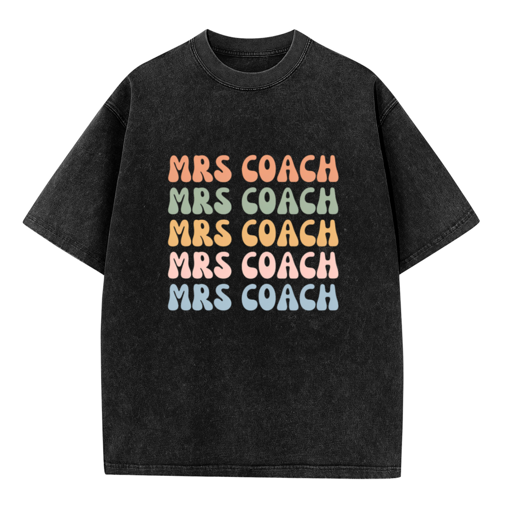 Unisex washed graphic T-shirt with Mrs Coach Shirt Wife Shirt Coach Wife Mom Shirt Coaches Wife Coach's Wife Baseball Soccer Football Basketball_1 themed design, product image