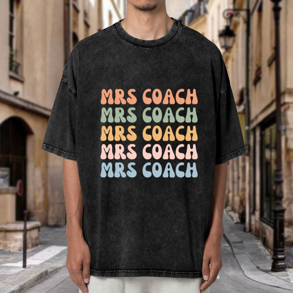 Unisex washed graphic T-shirt with Mrs Coach Shirt Wife Shirt Coach Wife Mom Shirt Coaches Wife Coach's Wife Baseball Soccer Football Basketball_1 themed design, product image