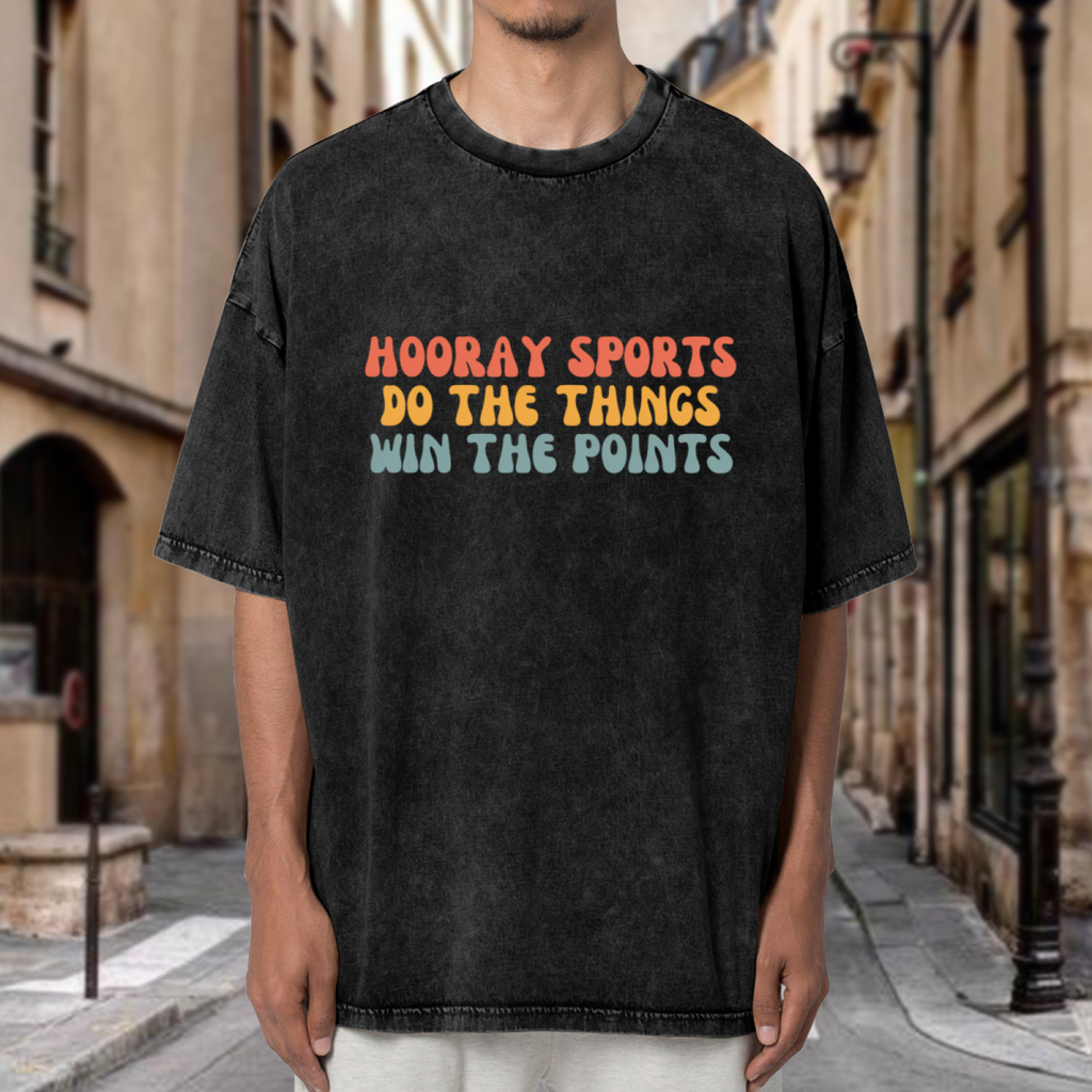 Unisex washed graphic T-shirt with Hooray Sports Do The Things Win The Points themed design, product image