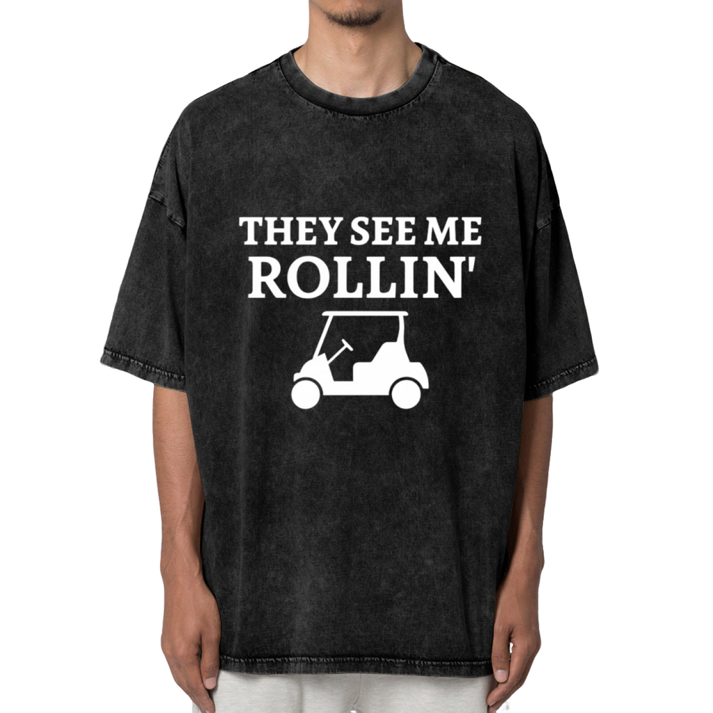Unisex washed graphic T-shirt with They See Me Rollin themed design, product image