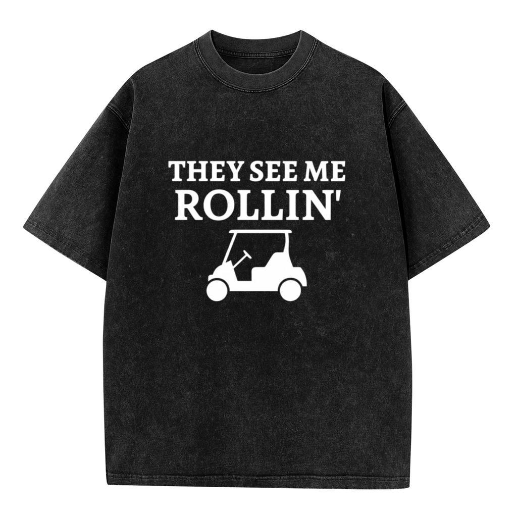 Unisex washed graphic T-shirt with They See Me Rollin themed design, product image