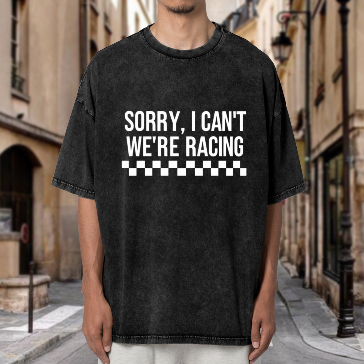 Unisex washed graphic T-shirt with Sorry I Can't We're Racing themed design, product image